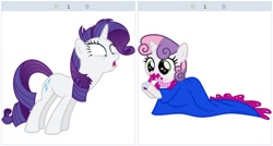 Size: 512x274 | Tagged: safe, derpibooru import, rarity, sweetie belle, pony, unicorn, derpibooru, exploitable meme, juxtaposition, juxtaposition win, lipstick, meme, meta