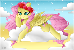 Size: 1024x697 | Tagged: safe, artist:sk-ree, fluttershy, pegasus, pony, cloud, floral head wreath, flower, prone, solo