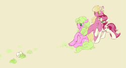 Size: 1109x602 | Tagged: safe, artist:noel, daisy, flower wishes, lily, lily valley, roseluck, earth pony, pony, rabbit, backing away, colored pupils, female, flower trio, hug, mare, the horror