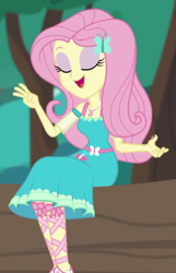 Size: 399x618 | Tagged: safe, screencap, fluttershy, better together, equestria girls, text support, text support: fluttershy, eyes closed, eyeshadow, female, geode of fauna, makeup, open mouth, solo