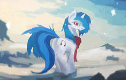 Size: 2455x1559 | Tagged: safe, artist:fuzzyfox11, dj pon-3, vinyl scratch, pony, unicorn, clothes, plot, scarf, snow, snowfall, solo, winter