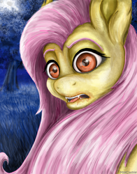 Size: 2480x3156 | Tagged: safe, artist:mlledashie, fluttershy, bat pony, pony, female, flutterbat, full moon, grass, high res, moon, open mouth, race swap, solo, tongue out, tree