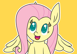 Size: 2169x1518 | Tagged: safe, artist:tridashie, fluttershy, pegasus, pony, bust, eyelashes, female, looking away, looking up, mare, open mouth, orange background, outline, portrait, simple background, smiling, solo, spread wings, white outline, wings