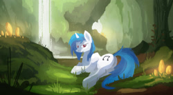 Size: 2500x1376 | Tagged: safe, artist:fuzzyfox11, dj pon-3, vinyl scratch, pony, unicorn, bedroom eyes, forest, grass, looking at you, looking back, nature, outdoors, scenery, smiling, solo, waterfall