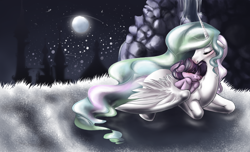 Size: 1304x794 | Tagged: safe, artist:dollfins, princess celestia, twilight sparkle, unicorn twilight, alicorn, pony, unicorn, duo, female, filly, filly twilight sparkle, full moon, mare, momlestia, moon, night, stars, younger