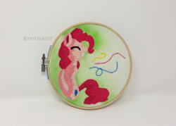 Size: 1500x1076 | Tagged: safe, artist:hipsterowlet, pinkie pie, pony, embroidery, irl, photo, smiling, solo, traditional art