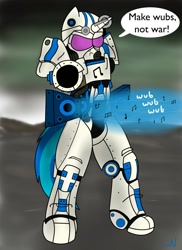 Size: 931x1280 | Tagged: safe, artist:nuka-kitty, dj pon-3, vinyl scratch, anthro, bass cannon, fallout, funny, gill sans, power armor, powered exoskeleton, t51 power armor, wasteland, wub