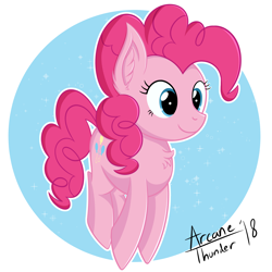 Size: 2750x2750 | Tagged: safe, artist:arcane-thunder, pinkie pie, earth pony, pony, abstract background, chest fluff, digital art, female, high res, jumping, mare, pronking, signature, smiling, solo