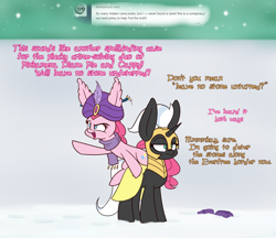 Size: 2200x1900 | Tagged: safe, artist:heir-of-rick, pinkie pie, oc, oc:captain, earth pony, pony, unicorn, ask, clothes, dialogue, duo, ear fluff, female, impossibly large ears, mare, miss pie's monsters, ponies riding ponies, raised hoof, scarf, snow, tumblr, turban