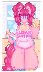 Size: 2218x3700 | Tagged: safe, artist:bunxl, pinkie pie, earth pony, pony, semi-anthro, apron, clothes, female, food, impossibly thick legs, mare, naked apron, solo, whipped cream