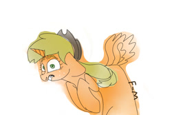 Size: 600x400 | Tagged: safe, artist:sodadoodle, derpibooru exclusive, applejack, alicorn, alicornified, applecorn, bad coloring, colored sketch, eye scream, floppy ears, freckles, hat, race swap, shocked, shocked expression, signature