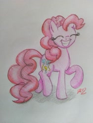 Size: 3120x4160 | Tagged: safe, artist:prinrue, pinkie pie, earth pony, pony, cute, eyes closed, female, mare, raised hoof, smiling, solo, traditional art