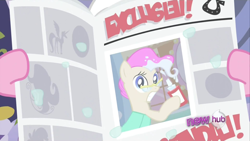 Size: 1920x1080 | Tagged: safe, screencap, mayor mare, pinkie pie, earth pony, pony, ponyville confidential, all new, foal free press, hub logo, mane dye, newspaper, non-dyed mayor, shocked, text