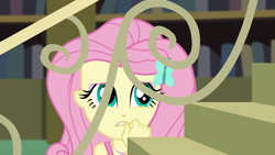 Size: 1280x720 | Tagged: safe, screencap, fluttershy, better together, equestria girls, fluttershy's butterflies, female, geode of fauna, hairpin, nervous, solo