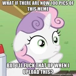 Size: 500x500 | Tagged: safe, sweetie belle, pony, unicorn, derpibooru, exploitable meme, female, filly, horn, image macro, meme, meta, milestone, solo, sudden clarity sweetie belle, text, two toned mane, white coat, wide eyes