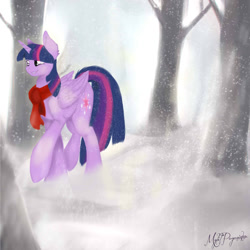 Size: 1024x1024 | Tagged: safe, artist:mylilpegasister, derpibooru import, twilight sparkle, twilight sparkle (alicorn), alicorn, pony, clothes, forest, scarf, snow, snowfall, solo, tree