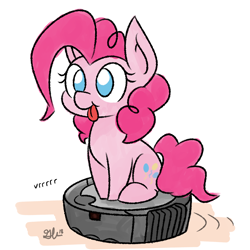 Size: 1000x1000 | Tagged: safe, artist:glimglam, pinkie pie, earth pony, pony, :p, :t, behaving like a cat, chibi, cute, diapinkes, female, mare, no pupils, onomatopoeia, ponk, roomba, roombapie, silly, simple background, sitting, smiling, solo, tongue out, vrrr, white background