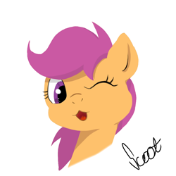 Size: 768x768 | Tagged: safe, artist:mizore43, scootaloo, bust, open mouth, portrait, simple background, solo, white background, wink