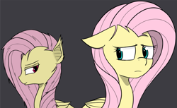 Size: 2215x1354 | Tagged: safe, artist:pinkberry, fluttershy, bat pony, pony, duality, duo, female, flutterbat, race swap, worried