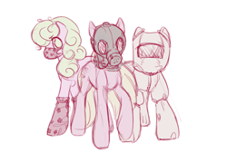 Size: 500x338 | Tagged: safe, artist:noel, daisy, flower wishes, lily, lily valley, roseluck, earth pony, pony, ask, ask the flower girls, female, flower trio, gas mask, hazmat suit, mare, mask, no pupils, simple background, tumblr, white background