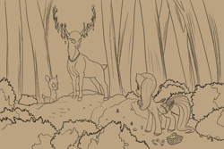 Size: 1200x800 | Tagged: safe, artist:alloco, fluttershy, deer, pegasus, pony, female, forest, mare, monochrome, sketch, tree