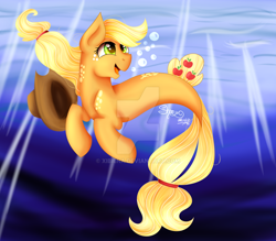 Size: 1024x896 | Tagged: safe, artist:shamy-crist, applejack, seapony (g4), my little pony: the movie, hat, seaponified, seapony applejack, solo, species swap, underwater, watermark