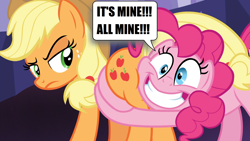 Size: 1920x1080 | Tagged: safe, edit, screencap, applejack, pinkie pie, earth pony, pony, shadow play, applepie, butt touch, butthug, faceful of ass, female, hug, lesbian, pinkie hugging applejack's butt, plot, shipping, speech bubble, this will end in pain, unamused