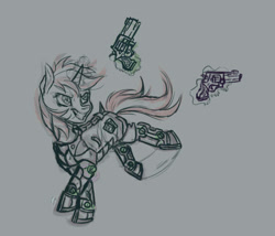 Size: 800x686 | Tagged: safe, artist:lya, oc, oc only, oc:blackjack, cyborg, pony, unicorn, fallout equestria, fallout equestria: project horizons, augmented, cyber legs, fanfic, fanfic art, female, glowing horn, grin, gun, hooves, horn, levitation, magic, mare, revolver, running, simple background, sketch, smiling, solo, telekinesis, weapon, white background