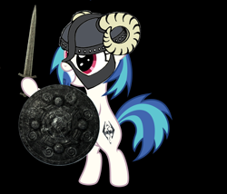 Size: 6980x5985 | Tagged: safe, artist:scratchie, edit, dj pon-3, vinyl scratch, pony, unicorn, absurd resolution, cutie mark, dovahkiin, female, helmet, hooves, horn, mare, shield, skyrim, smiling, solo, sword, teeth, the elder scrolls, weapon