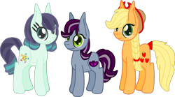 Size: 2067x1150 | Tagged: safe, artist:casanova-mew, applejack, coloratura, oc, oc:merry tune, earth pony, pony, female, lesbian, magical lesbian spawn, mare, offspring, older, parent:applejack, parent:coloratura, parents:rarajack, rarajack, shipping, simple background, transparent background