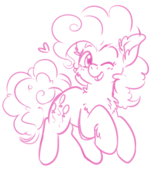 Size: 554x613 | Tagged: safe, artist:fizzy-dog, pinkie pie, earth pony, pony, chest fluff, cute, female, heart, mare, monochrome, one eye closed, simple background, sketch, smiling, solo, white background, wink