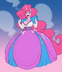 Size: 1105x1280 | Tagged: safe, artist:toughset, pinkie pie, alicorn, anthro, alicornified, bow, breasts, cleavage, clothes, commission, cute, cutie mark on clothes, dress, evening gloves, female, gloves, gown, impossibly large dress, long gloves, long hair, pink, pinkie pies, pinkiecorn, poofy shoulders, race swap, skirt, solo, xk-class end-of-the-world scenario