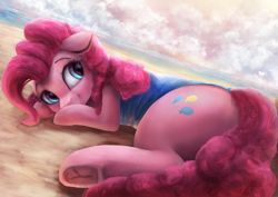 Size: 3600x2550 | Tagged: safe, artist:vanillaghosties, pinkie pie, earth pony, pony, beach, clothes, cute, diapinkes, female, frog (hoof), mare, ocean, one-piece swimsuit, plot, sand, smiling, solo, swimsuit, underhoof