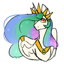 Size: 1280x1280 | Tagged: safe, artist:gnomehuts, princess celestia, alicorn, pony, alternate design, alternate eye color, crown, female, horn, horn ring, jewelry, mare, peytral, regalia, simple background, sketch, solo, white background