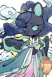 Size: 692x1024 | Tagged: safe, artist:kura, princess celestia, princess luna, rabbit, animal, chang'e, chinese mythology, clothes, cosplay, costume, cute, hair accessory, lantern, lunabetes, no pupils, paper lantern, solo