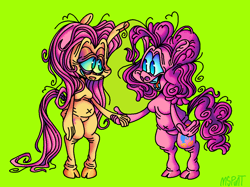 Size: 1120x838 | Tagged: safe, artist:p0rkapime, fluttershy, pinkie pie, earth pony, pegasus, pony, bipedal, distended belly, female, green background, holding hands, messy mane, simple background