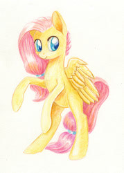 Size: 900x1254 | Tagged: safe, artist:maytee, fluttershy, pegasus, pony, colored pencil drawing, hair ribbon, rearing, solo, traditional art