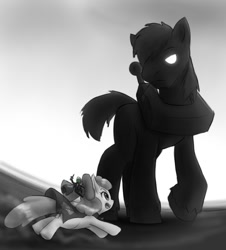 Size: 879x971 | Tagged: safe, artist:alloyrabbit, apple bloom, big macintosh, oc, oc:anon, earth pony, pony, male, shadow of the colossus, stallion