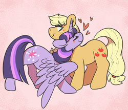 Size: 1393x1198 | Tagged: safe, artist:freezy-rat, derpibooru import, applejack, twilight sparkle, twilight sparkle (alicorn), alicorn, earth pony, pony, blushing, duo, eyes closed, female, freckles, heart, lesbian, neck hug, shipping, smiling, twijack