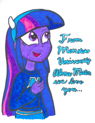 Size: 3600x4661 | Tagged: safe, artist:cartuneslover16, derpibooru import, twilight sparkle, equestria girls, clothes, crossover, monsters university, singing, solo, sweater, traditional art