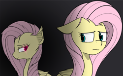 Size: 2201x1358 | Tagged: safe, alternate version, artist:pinkberry, edit, fluttershy, bat pony, pony, duality, duo, fangs, female, flutterbat, glowing eyes, gradient background, looking sideways, race swap, self ponidox, worried