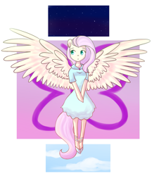 Size: 1741x1989 | Tagged: safe, artist:nagai-kida, fluttershy, anthro, pegasus, clothes, dress, female, high heels, looking away, mare, shoes, solo, spread wings, wings