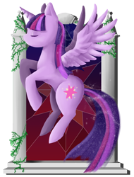 Size: 800x1051 | Tagged: safe, artist:puli-wind, derpibooru import, twilight sparkle, twilight sparkle (alicorn), alicorn, pony, eyes closed, solo, stained glass, starry mane