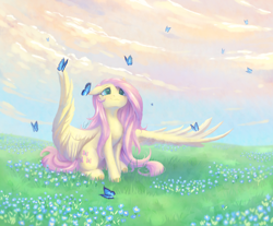 Size: 2300x1900 | Tagged: safe, artist:peachmayflower, fluttershy, butterfly, pegasus, pony, cute, female, floppy ears, grass, grass field, large wings, looking at something, looking up, mare, nature, shyabetes, sitting, solo, spread wings, wings