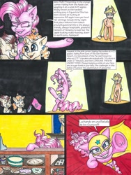 Size: 3000x4000 | Tagged: safe, artist:tillie-tmb, applejack, pinkie pie, pound cake, pumpkin cake, earth pony, pony, comic:the amulet of shades, high res, luchador mask, microphone, spanish, traditional art