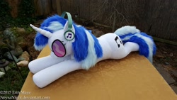 Size: 3264x1836 | Tagged: safe, artist:neysanight, dj pon-3, vinyl scratch, female, glasses, headphones, irl, life size, photo, plushie, prone, solo