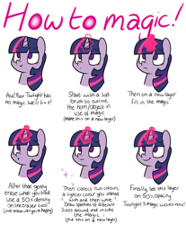 Size: 1280x1543 | Tagged: safe, artist:estrill, twilight sparkle, :o, :t, bust, cute, frown, glowing horn, how to draw, magic, magic aura, portrait, simple background, smiling, solo, tutorial, twiabetes, white background