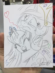 Size: 768x1024 | Tagged: safe, artist:andypriceart, princess celestia, princess luna, alicorn, pony, andy price is trying to murder us, cute, eyes closed, female, floating heart, heart, hug, lunabetes, mare, open mouth, pencil drawing, royal sisters, sisterly love, tongue out, traditional art