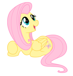 Size: 3005x3104 | Tagged: safe, artist:estories, fluttershy, pegasus, pony, cute, female, high res, looking up, mare, open mouth, prone, show accurate, shyabetes, simple background, smiling, solo, transparent background, vector, wings