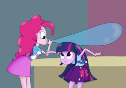 Size: 5000x3500 | Tagged: safe, artist:mzoli740, derpibooru import, pinkie pie, twilight sparkle, equestria girls, balloon, blowing up balloons, clothes, cute, pleated skirt, scene interpretation, skirt